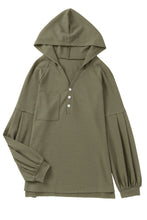 Load image into Gallery viewer, Puff Sleeve Side Slit Buttoned Waffle Knit Hoodie