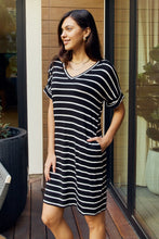 Load image into Gallery viewer, Zenana Full Size Striped V-Neck Pocket Dress in Black/Ivory