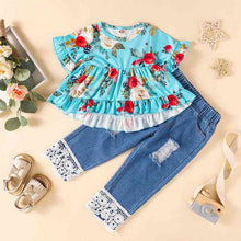 Load image into Gallery viewer, Girls Floral Round Neck Top and Lace Trim Distressed Jeans Set