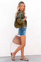 Load image into Gallery viewer, Green Large Pockets Hooded Cropped Denim Jacket