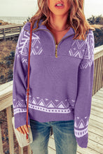 Load image into Gallery viewer, Zip-Up Mock Neck Dropped Shoulder Pullover Sweater