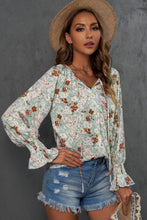 Load image into Gallery viewer, Green Floral Print Tie V Neck Button Up Blouse