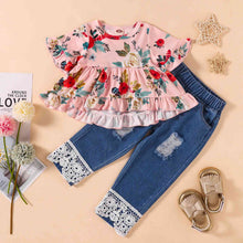 Load image into Gallery viewer, Girls Floral Round Neck Top and Lace Trim Distressed Jeans Set