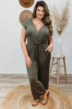 Load image into Gallery viewer, Green Drawstring Straight Leg Wrap V Neck Plus Size Jumpsuit
