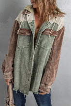 Load image into Gallery viewer, Green Color Block Button Down Hooded Corduroy Jacket
