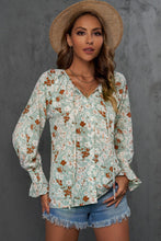 Load image into Gallery viewer, Green Floral Print Tie V Neck Button Up Blouse