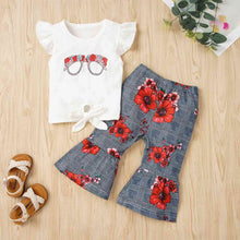 Load image into Gallery viewer, Graphic Tie Hem Top and Floral Flare Pants Set