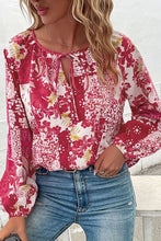 Load image into Gallery viewer, Patchwork Buttoned Tie-Neck Balloon Sleeve Blouse