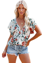 Load image into Gallery viewer, White Floral Print Buttons Tiered Ruffled Short Sleeve Shirt
