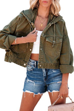 Load image into Gallery viewer, Green Large Pockets Hooded Cropped Denim Jacket