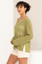 Load image into Gallery viewer, HYFVE Slit Rolled Hem V-Neck Knit Sweater in Pale Olive