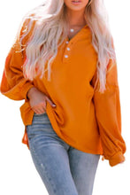 Load image into Gallery viewer, Puff Sleeve Side Slit Buttoned Waffle Knit Hoodie