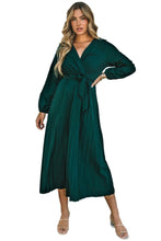 Load image into Gallery viewer, Green Pleated V Neck Wrap Waist Tie Dress