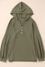 Load image into Gallery viewer, Puff Sleeve Side Slit Buttoned Waffle Knit Hoodie