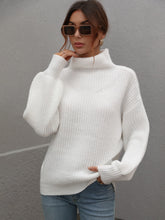Load image into Gallery viewer, Woven Right High Neck Balloon Sleeve Rib-Knit Pullover Sweater