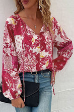 Load image into Gallery viewer, Patchwork Buttoned Tie-Neck Balloon Sleeve Blouse