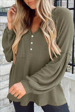 Load image into Gallery viewer, Puff Sleeve Side Slit Buttoned Waffle Knit Hoodie