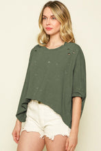 Load image into Gallery viewer, Green Distressed Bleached Asymmetric Hem Short Sleeve Top