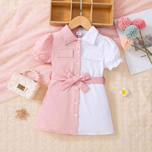 Load image into Gallery viewer, Girls Two-Tone Belted Shirt Dress