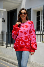Load image into Gallery viewer, Leopard Ribbed Trim Dropped Shoulder Sweater