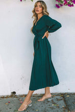 Load image into Gallery viewer, Green Pleated V Neck Wrap Waist Tie Dress