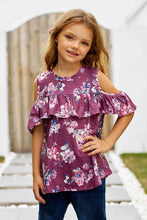 Load image into Gallery viewer, Girls Floral Cold-Shoulder Ruffled Top