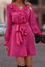 Load image into Gallery viewer, Ruffled Flounce Sleeve V-Neck Belted Dress