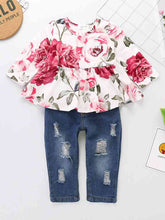 Load image into Gallery viewer, Printed Round Neck Long Sleeve Blouse and Distressed Jeans Set