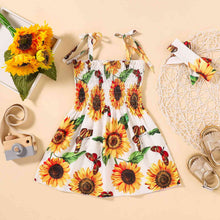 Load image into Gallery viewer, Sunflower Print Smocked Tie Shoulder Dress