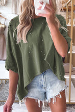 Load image into Gallery viewer, Green Distressed Bleached Asymmetric Hem Short Sleeve Top