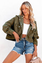Load image into Gallery viewer, Green Large Pockets Hooded Cropped Denim Jacket