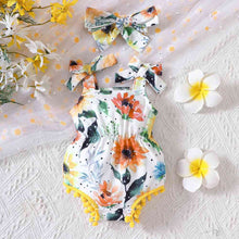 Load image into Gallery viewer, Floral Bow Detail Pom-Pom Trim Romper