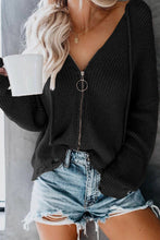 Load image into Gallery viewer, Zipper V-Neck Dropped Sleeve Hooded Solid Sweater