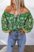 Load image into Gallery viewer, Green Floral Print Tassel Tie Off Shoulder Blouse