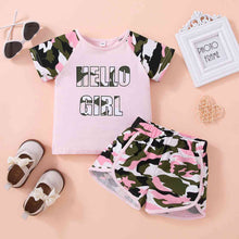 Load image into Gallery viewer, HELLO GIRL Graphic Tee and Camouflage Shorts Set