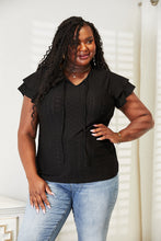Load image into Gallery viewer, Double Take Eyelet Tie-Neck Flutter Sleeve Blouse