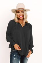 Load image into Gallery viewer, Swiss Dot Tie Neck Flounce Sleeve Blouse