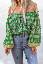 Load image into Gallery viewer, Green Floral Print Tassel Tie Off Shoulder Blouse