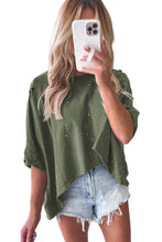 Load image into Gallery viewer, Green Distressed Bleached Asymmetric Hem Short Sleeve Top