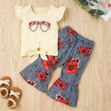 Load image into Gallery viewer, Graphic Tie Hem Top and Floral Flare Pants Set