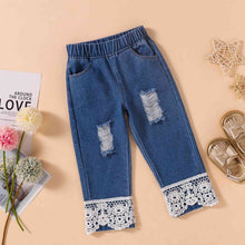 Load image into Gallery viewer, Girls Floral Round Neck Top and Lace Trim Distressed Jeans Set