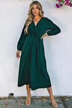 Load image into Gallery viewer, Green Pleated V Neck Wrap Waist Tie Dress