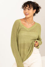 Load image into Gallery viewer, HYFVE Slit Rolled Hem V-Neck Knit Sweater in Pale Olive