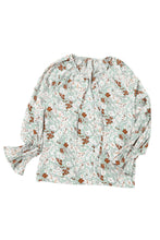 Load image into Gallery viewer, Green Floral Print Tie V Neck Button Up Blouse