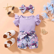 Load image into Gallery viewer, Ribbed Ruffle Shoulder Bodysuit and Butterfly Print Shorts Set