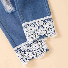 Load image into Gallery viewer, Girls Floral Round Neck Top and Lace Trim Distressed Jeans Set