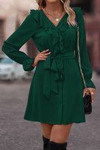 Load image into Gallery viewer, Ruffled Flounce Sleeve V-Neck Belted Dress