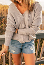 Load image into Gallery viewer, Zipper V-Neck Dropped Sleeve Hooded Solid Sweater