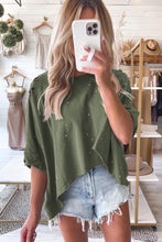 Load image into Gallery viewer, Green Distressed Bleached Asymmetric Hem Short Sleeve Top
