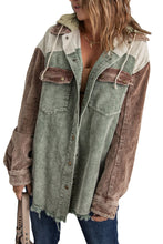 Load image into Gallery viewer, Green Color Block Button Down Hooded Corduroy Jacket